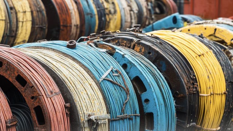 Sıra sıra dizilmiş renkli kablo sarılı makaralar – NYM Kablo