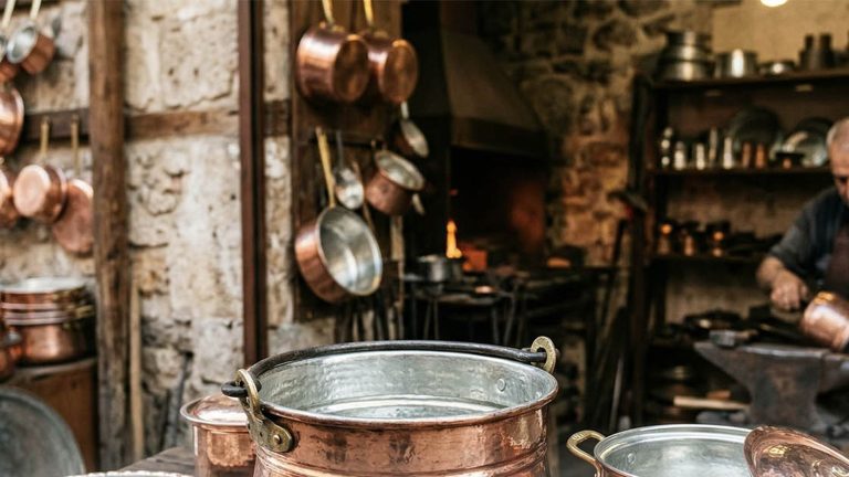 Bakırcı atölyesinde kalaylı bakır kaplar ve usta