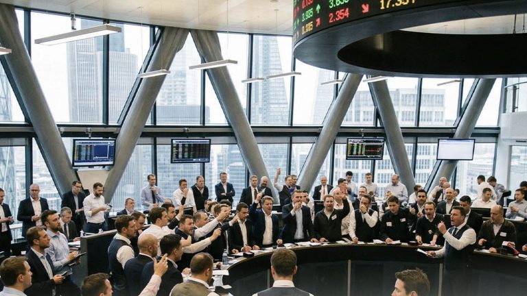 Yuvarlak salonda takım elbiseli insanlarla borsa işlem alanı – Londra Metal Borsası