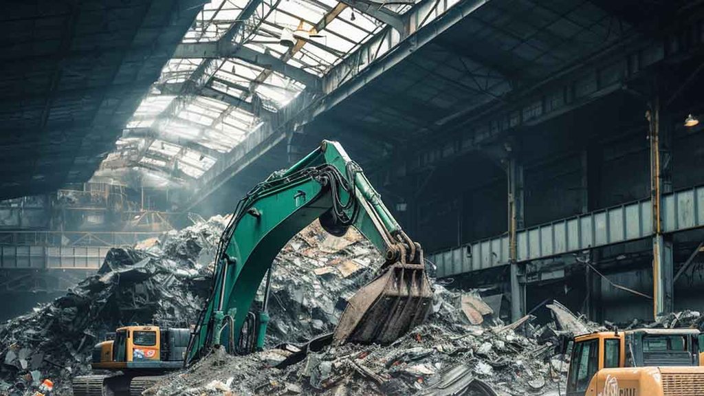 Fabrika binası içinde hurda yığını ve iş makineleri – Kocaeli Hurdacı