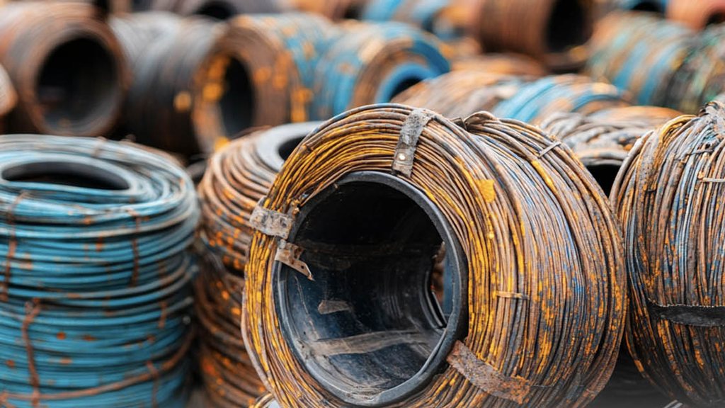 Yığılmış paslı ve mavi izoleli tel kangalları – Saf Bakır Kilo Fiyatı